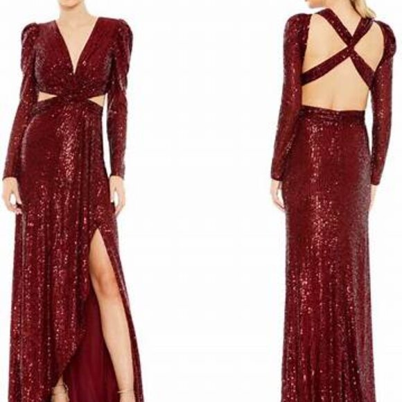 Mac Duggal NWT Wine Red Sequin Criss Cross Long Sleeve Maxi Gown Size 2 #26739 - Picture 1 of 6